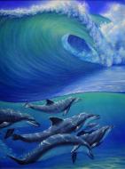 チャールズ・リン・ブラッグ「SIX DOLPHINS AND WAVE」油彩画