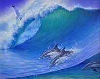 チャールズ・リン・ブラッグ「SURFING DOLPHINS」アクリル画