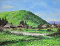 石川茂男「新緑の山里」油彩画