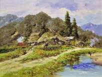 駒井 敬三郎「村落風景」油彩画