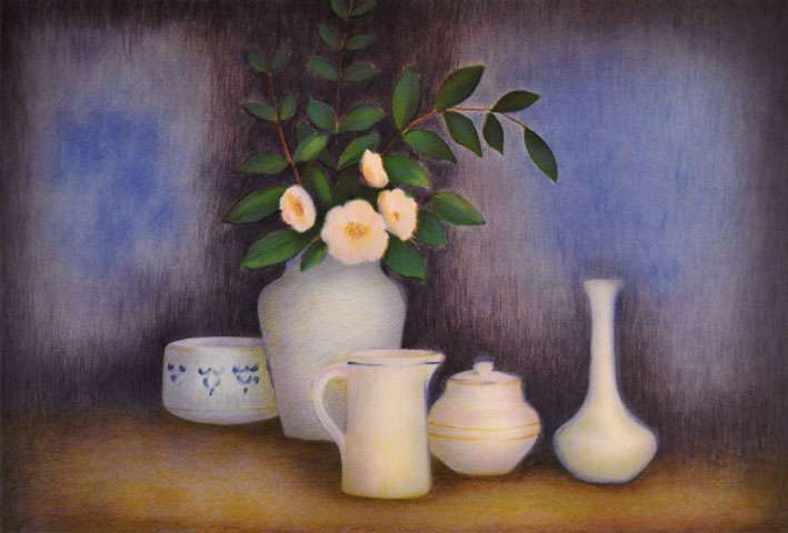 ラベルニア「白い花瓶とピンクの椿」リトグラフ | 日本画、油絵、版画などの絵画販売【ギャラリー風のたより】