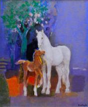 上橋 薫「椿樹と白い馬の親仔」油彩画