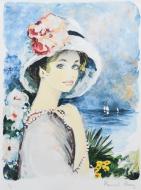 ベルナール・シャロワ「海辺の帽子の少女」リトグラフ