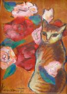 亀本よし子「花と猫」油彩画