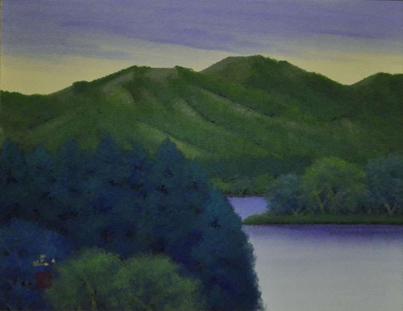 河本 正「緑映山湖」日本画 日本画、油絵、版画などの絵画販売【ギャラリー風のたより】