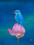 山田真巳「Kingfisher on lotus bud(翡翠と蓮)」日本画　F6号